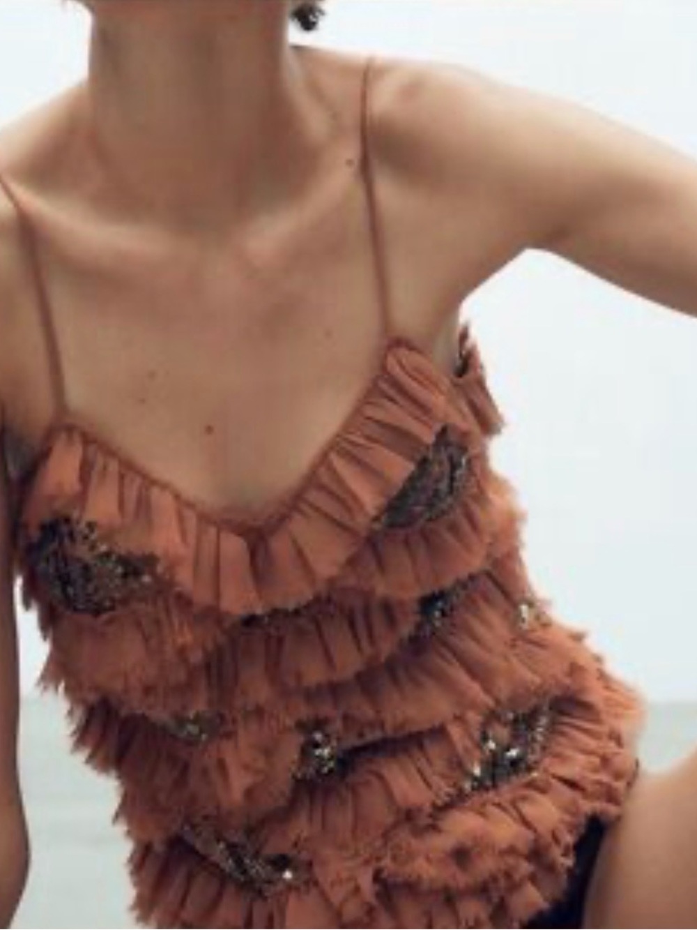 ZARA Rust Ruffle Sequin Spaghetti-Strap Tank Top - Picture 3 of 6